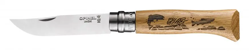 Нож Opinel серии Tradition Animalia № 08, 8,5см, нержавеющая сталь, рукоять дуб, рис.-форель 001625